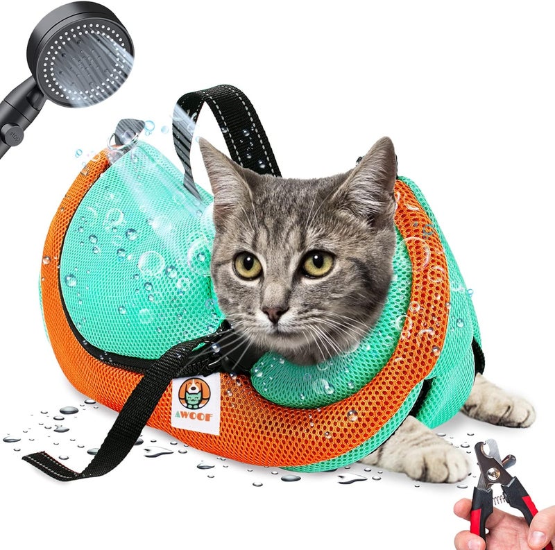 AWOOF Cat Grooming Bag Adjustable Cat Bathing Bag Anti Scratch Bite Restraint Bag Cat Sling Bag Durable Mesh Cat Shower Bag for Small Medium Large Cats Nail Trimming Ear Cleaning Medicine Taking - Image 1